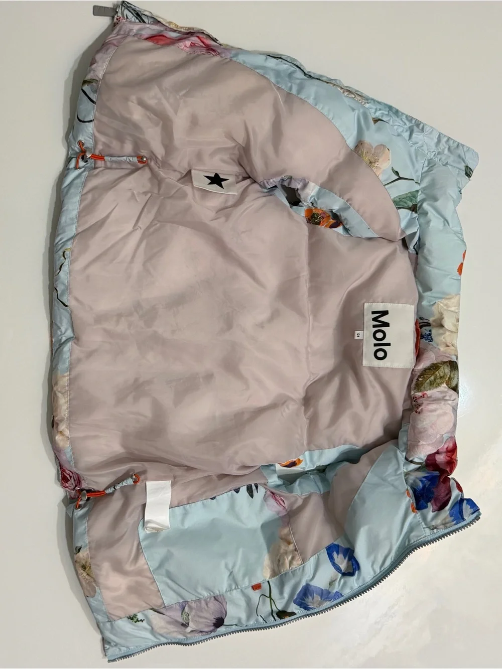 Molo Kids Helke Floral Puffer Vest Blue Size 128 Lightweight Recycled Fill GUC
